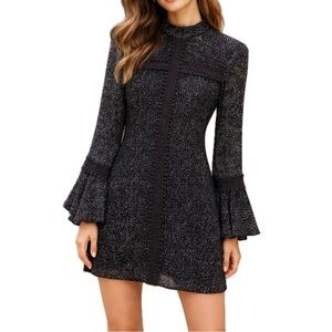 SAYLOR Lace & Felted Dot Black Long Sleeve Shift Dress, Small